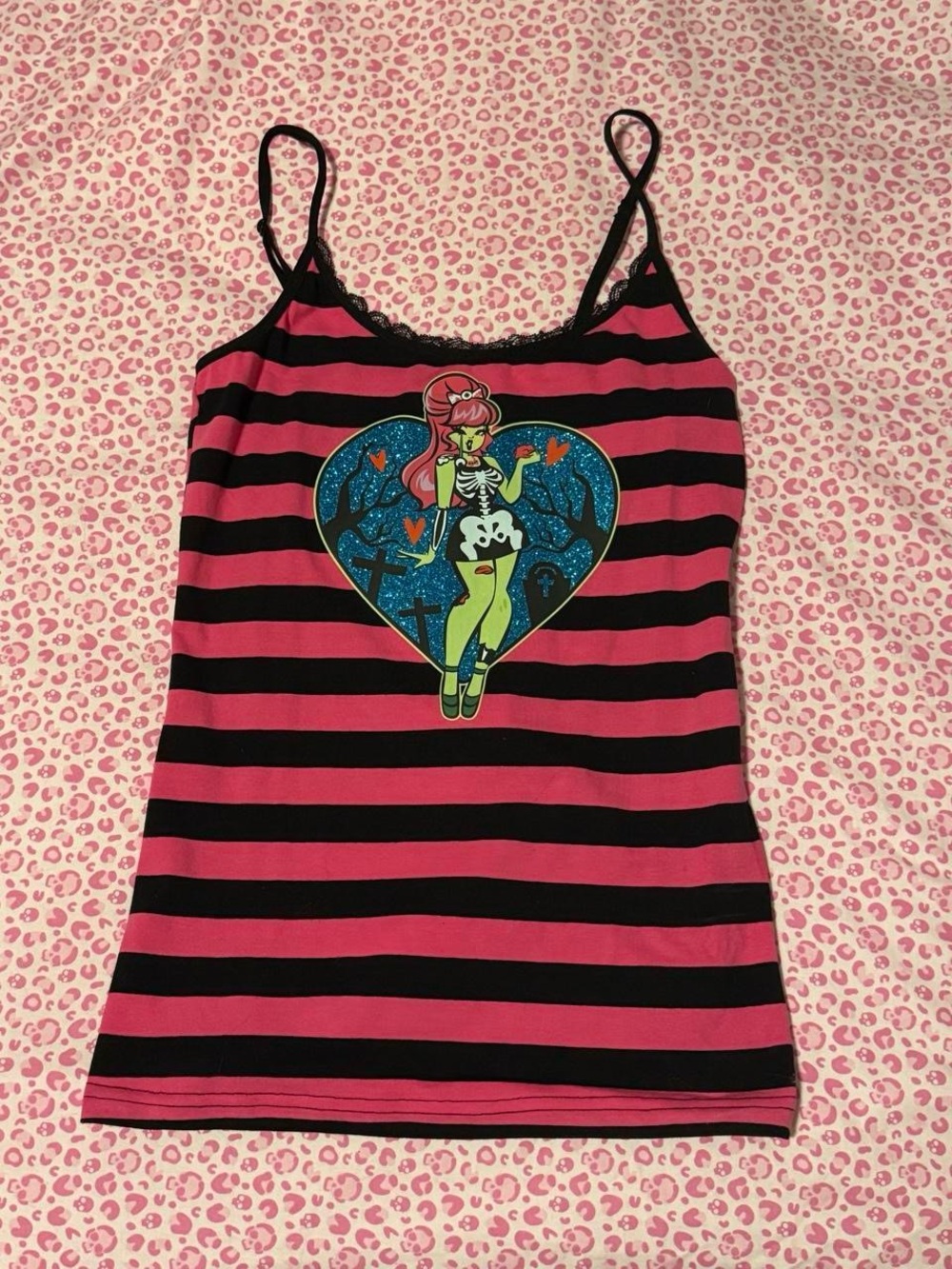 Kreepsville Zombie Girl Heart Striped Lace Cami Top.